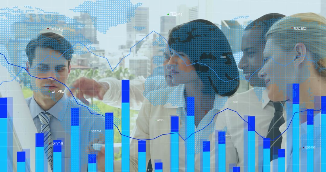 Diverse Business Team Analyzing Financial Trends with Digital Overlay