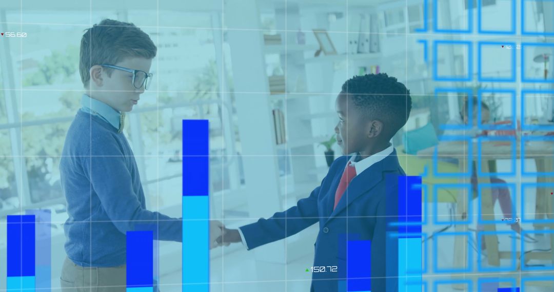 Schoolboys Shaking Hands Overlaid with Business Graphics