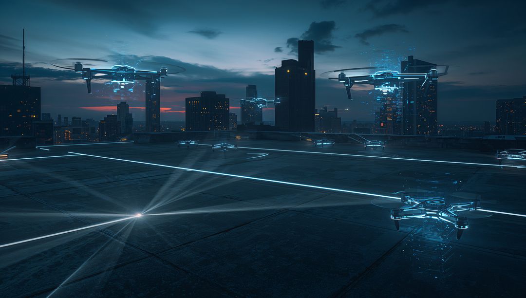 Hovering Autonomous Drone Fleet Over Rooftop Landing Grid with Holographic Neon Lines