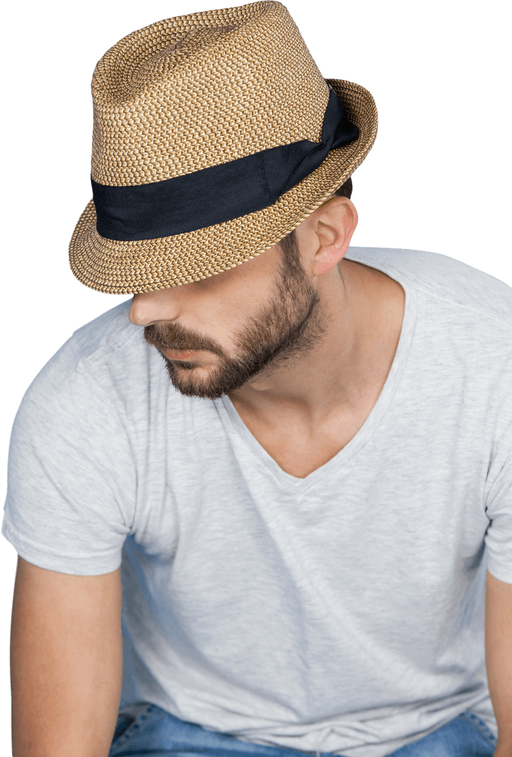 Caucasian Man Sitting with Hat on Transparent Background