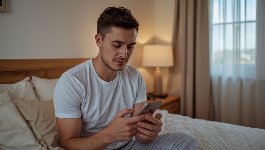 Relaxed Young Man Using Smartphone on Comfortable Bed