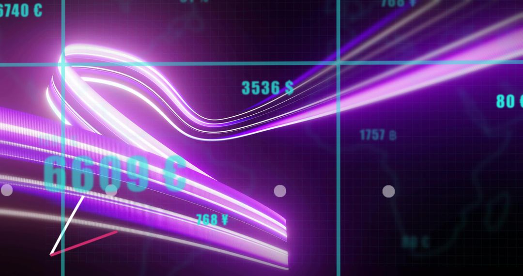 Flowing neon data ribbons across digital dashboard glowing gridlines and finance numerals