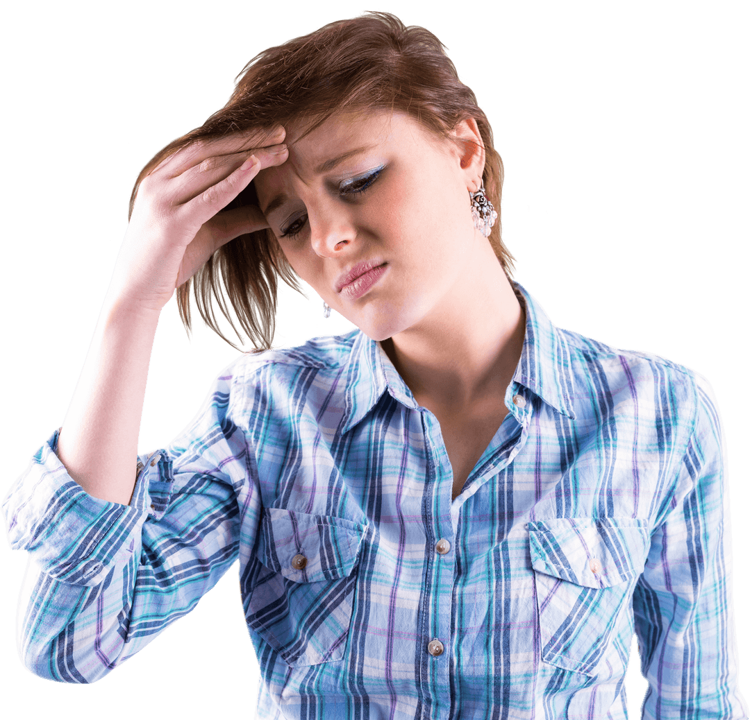 Transparent Woman Holding Head Looking Anxious