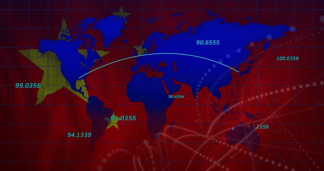 Digital World Map on Red Grid with Numeric Data and Connections
