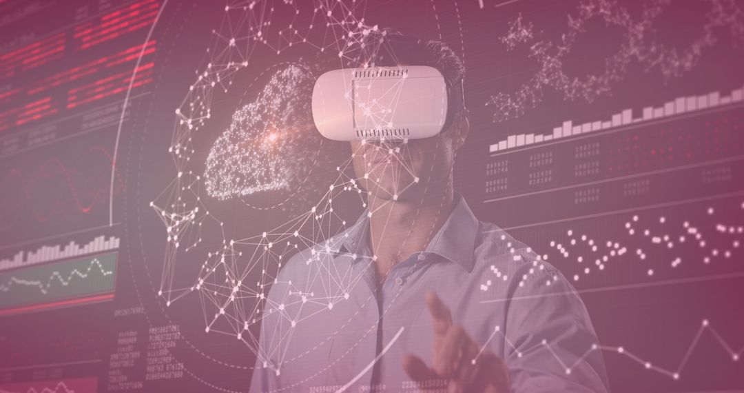 Caucasian Man Experiencing Futuristic Digital Interface with VR Headset