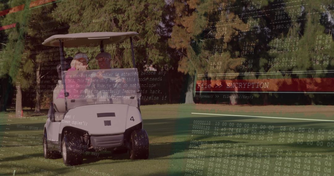 Seniors in Golf Cart with Encryption Code Overlay