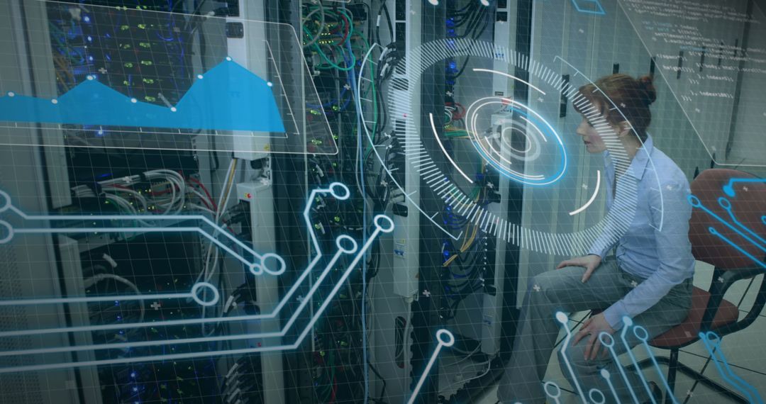 Engineer Analyzing Data Overlay in High-Tech Server Room