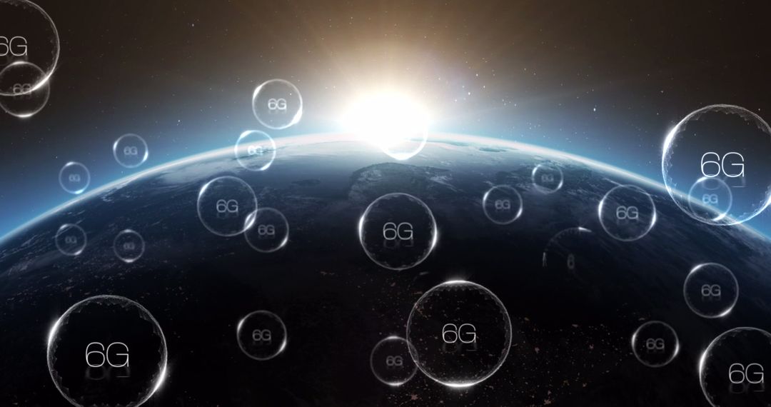 6G Technology Bubbles Floating Above Globe with Light Burst