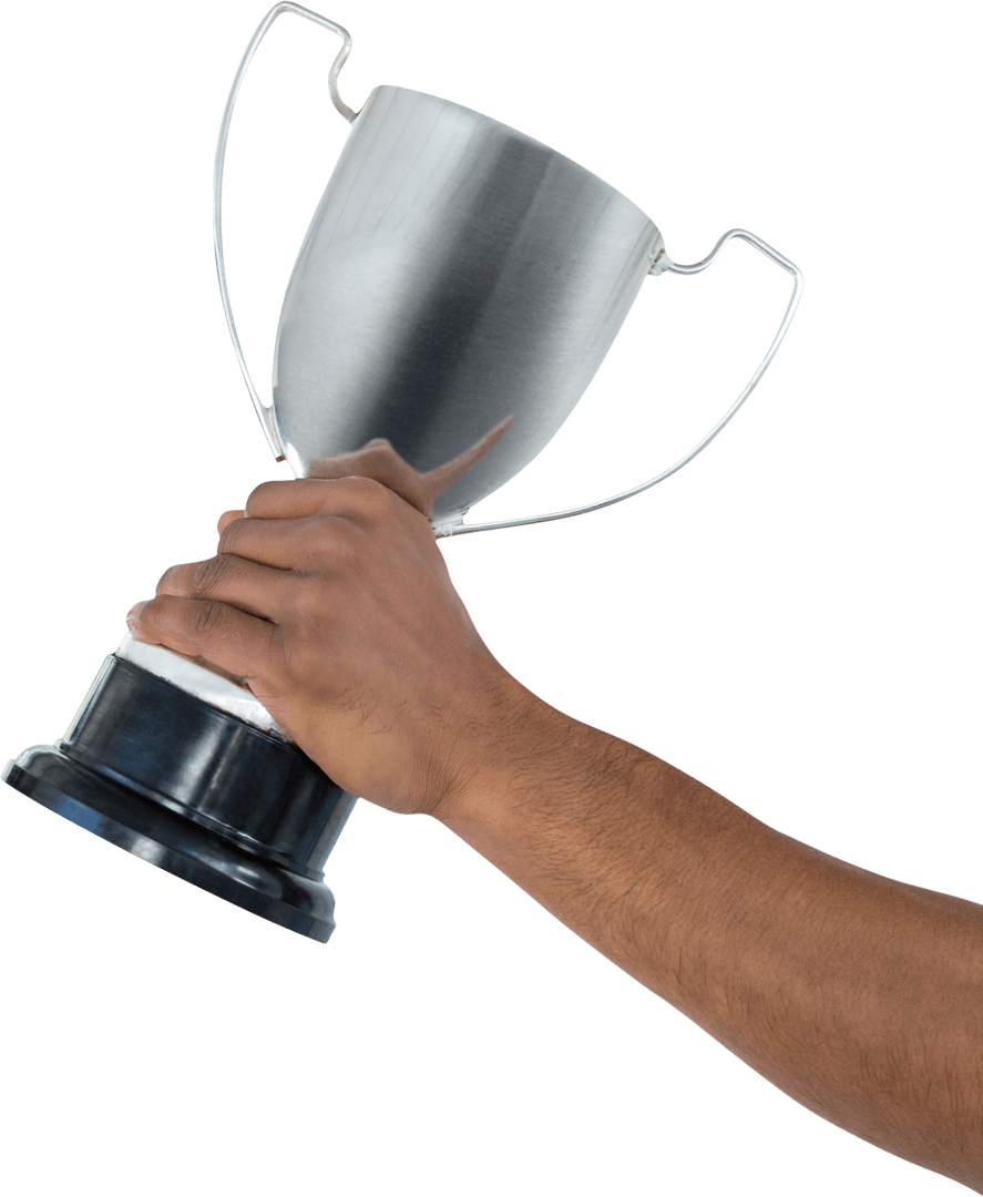 Hand Lifting Transparent Trophy in Victory Gesture