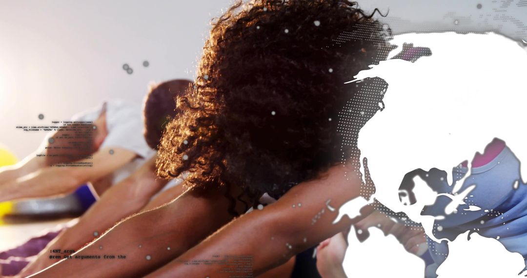 Curly-haired woman stretching forward in group yoga class with globe overlay