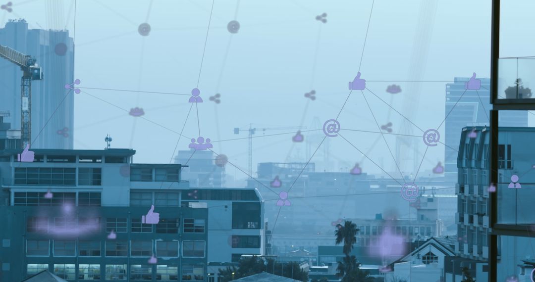 Network of Digital Icons Over Cityscape Symbolizing Technology