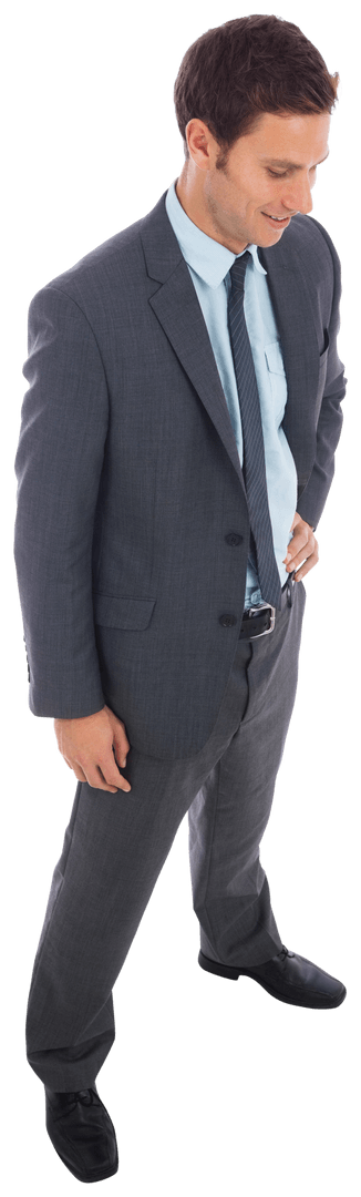 Cheerful Businessman Standing with Hand on Hip in Transparent Suit