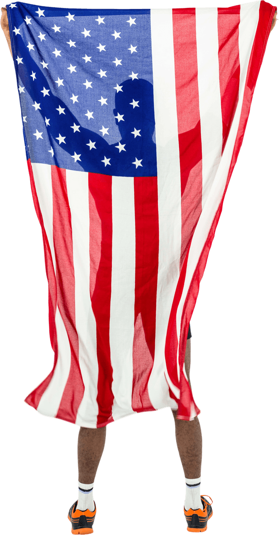 Transparent View American Flag Held by African American Athlete in Sneakers