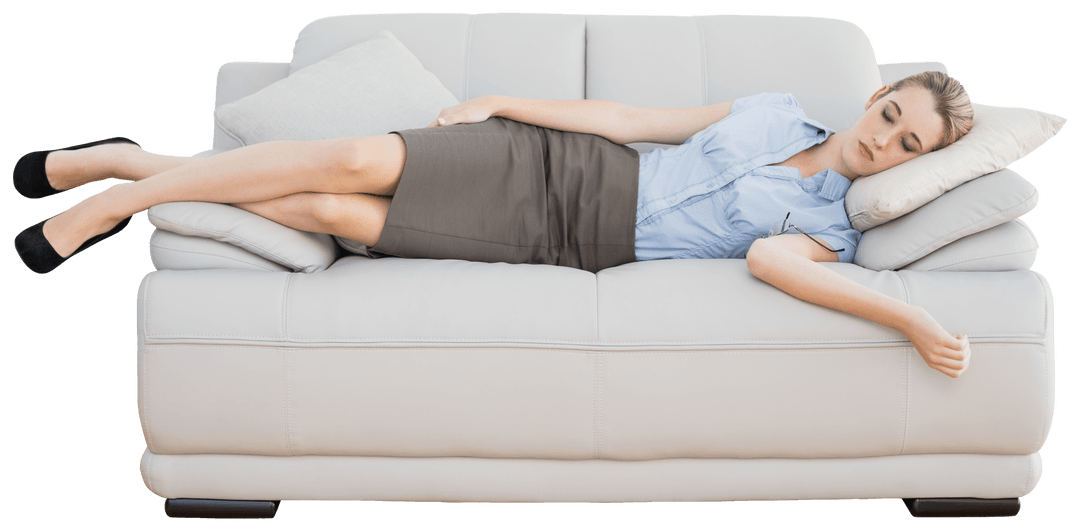 Relaxed Businesswoman Sleeping on Couch in Office Transparent Background