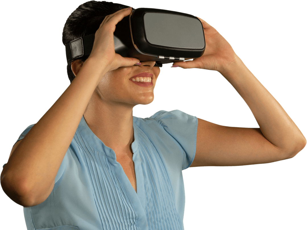 Smiling Woman Engaging with Transparent Virtual Reality Headset