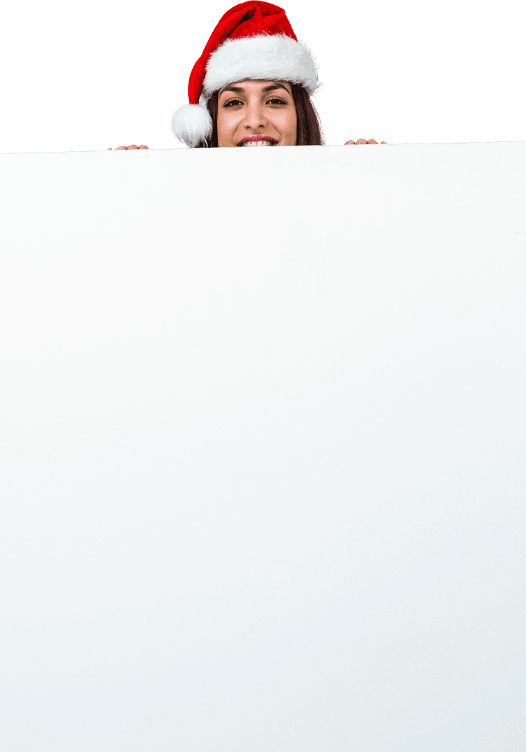 Woman in Santa Hat Peeking Over Transparent Blank Board