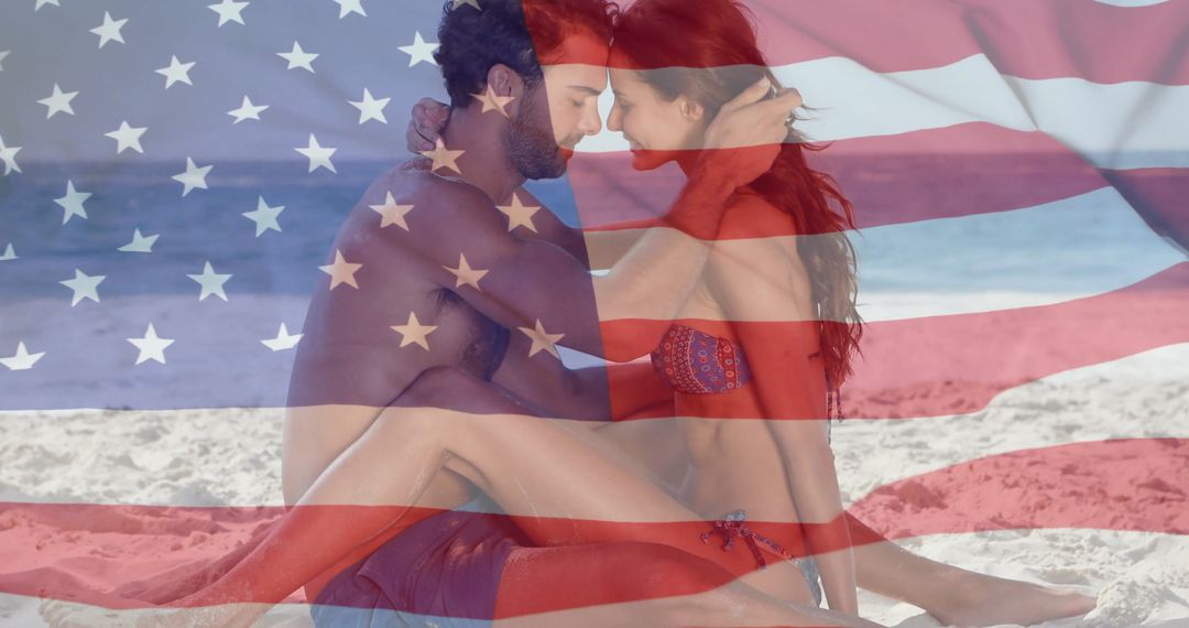 Couple Embracing on Beach with USA Flag Overlay