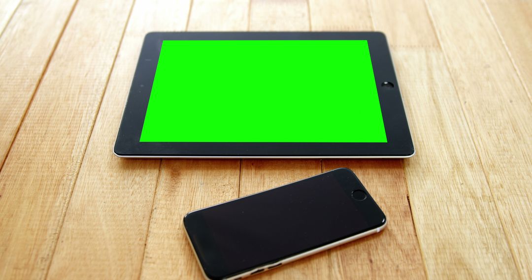 Tablet with Green Screen and Smartphone on Wooden Surface - Free Images, Stock Photos and Pictures on Pikwizard.com