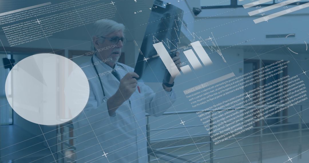 Caucasian Doctor Analyzing X-Ray with Digital Financial Data Overlay