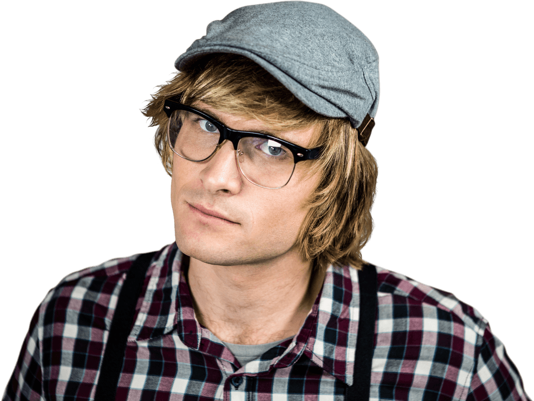 Serious Blond Hipster with Gray Cap and Glasses on Transparent Background