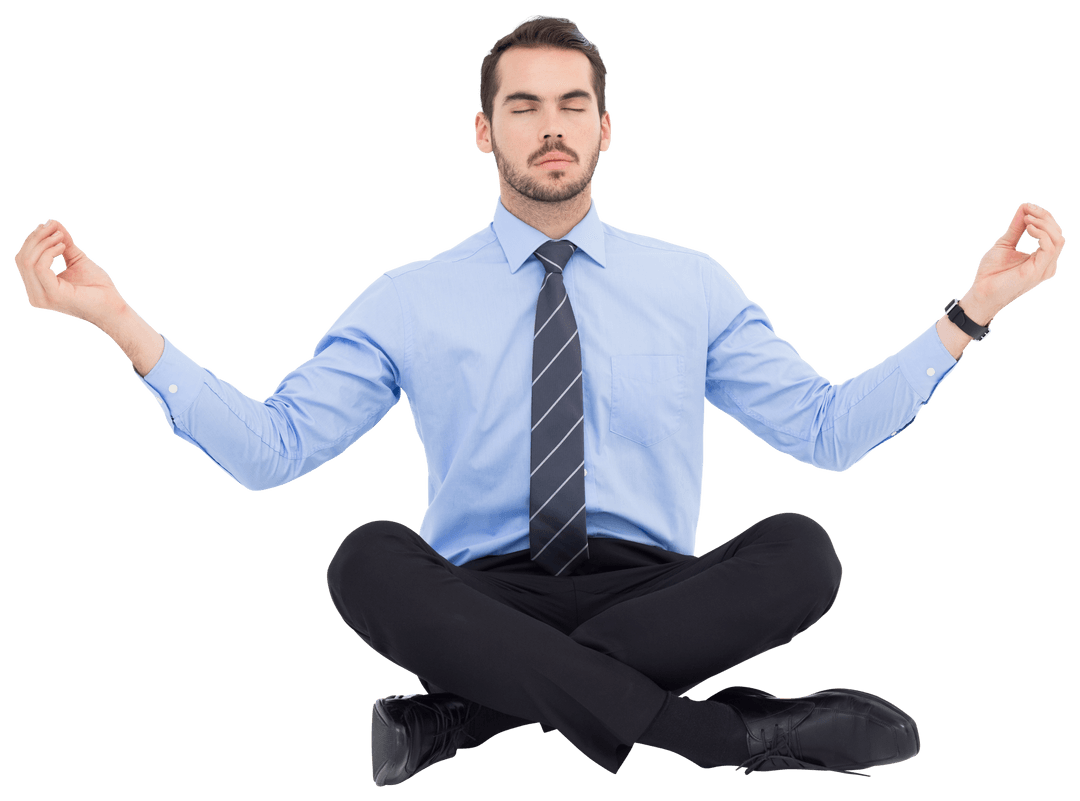 Transparent Businessman Meditating in Lotus Pose for Mindfulness Concepts