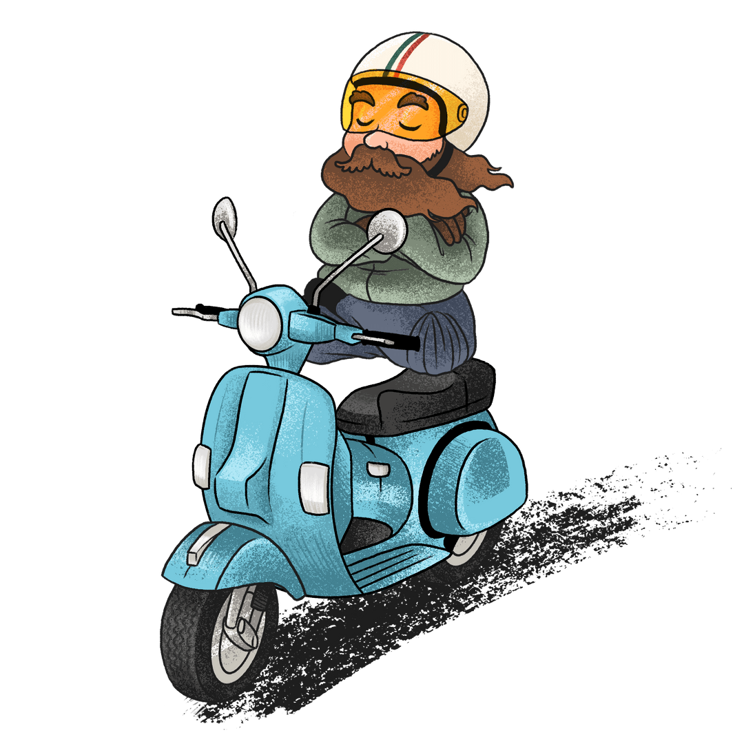 Bearded Man Meditating on Retro Scooter Transparent Background