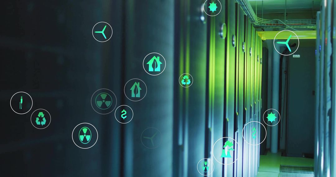 Futuristic Data Center with Eco-Friendly Technology Icons