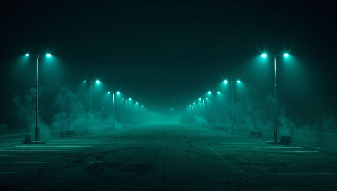 Empty Misty Parking Lot at Night with Teal Streetlights and Symmetrical Perspective