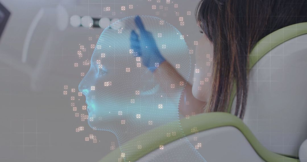 Technician Capturing 3D Fantasy Wireframe Head with Lab Scanner