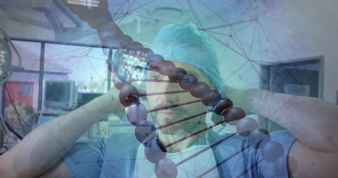 Surgeon Preparing for Operation with DNA Helix Overlay for Genomic Precision Medicine