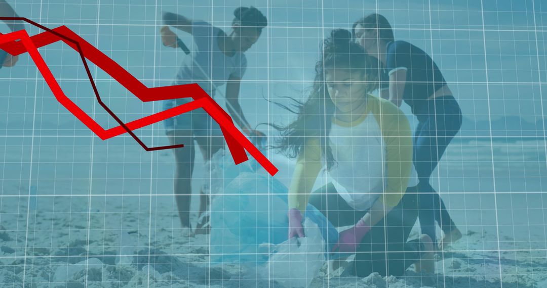 Group Participating in Beach Cleanup with Declining Profit Graph