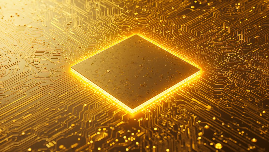 Glowing Gold Microchip Illuminating High-Density PCB with Solder Pads and Traces