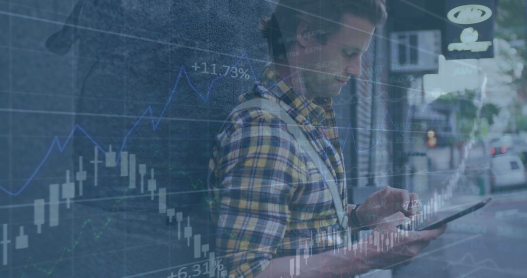 Man Engaged with Financial Analytics on Smartphone Outdoors