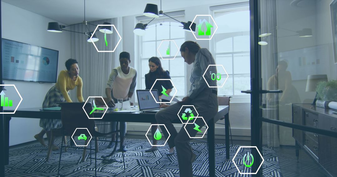 Business Team Collaborating with Eco-Friendly Technology in Office