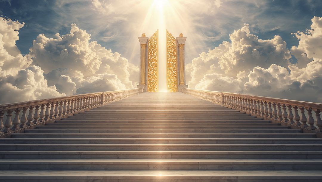 Stairway to Heaven with Golden Gates and Radiant Clouds