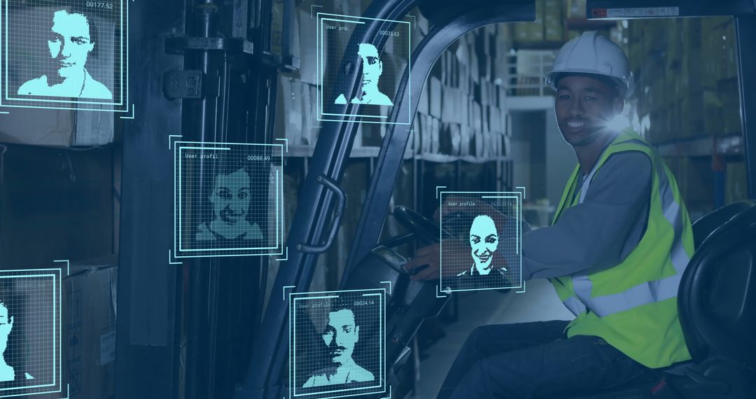 Warehouse Worker With Facial Recognition Technology Interface
