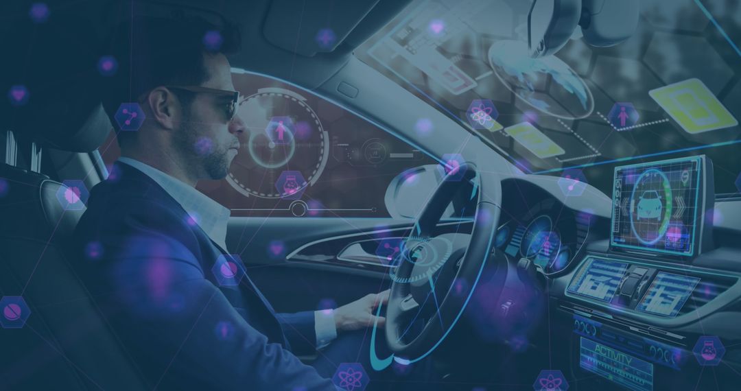 Man Driving High-tech Self-driving Car with Digital Network Overlay