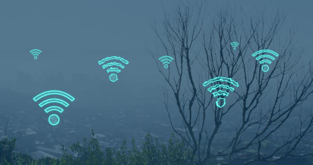 Digital WiFi Icons Overlaying Foggy Cityscape