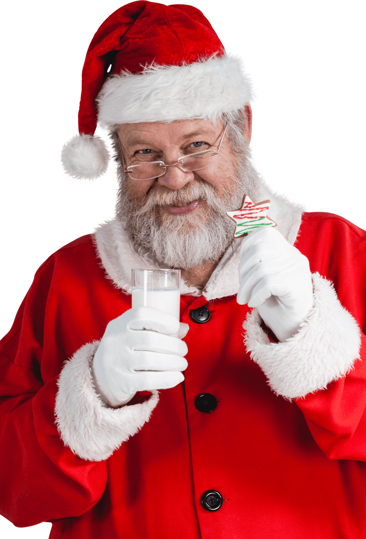 Transparent Santa Holding Milk and Cookie with Cheerful Expression