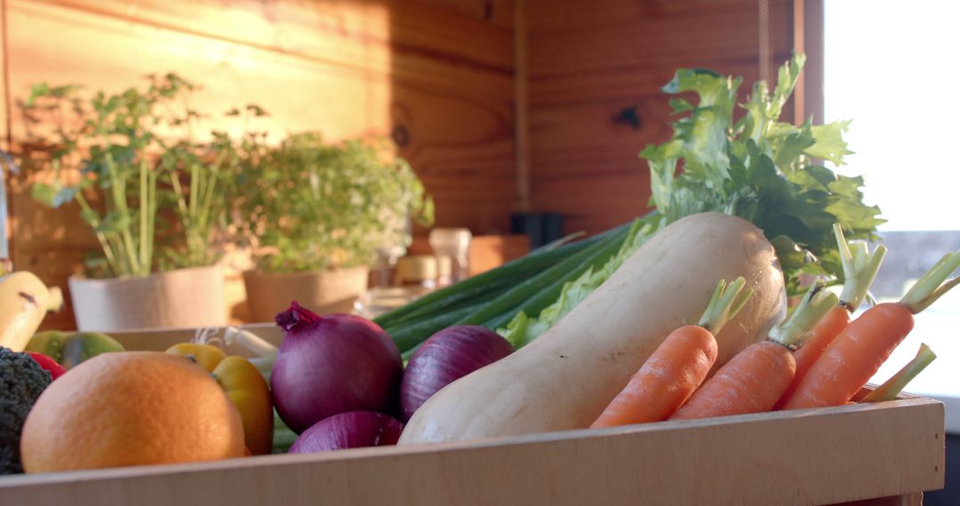 Box of Fresh Vegetables on Wooden Table in Sunlit Kitchen - Free Images, Stock Photos and Pictures on Pikwizard.com