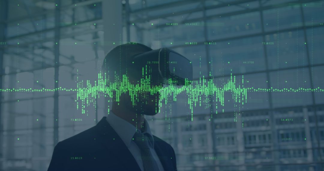 Businessman Using VR Headset with Digital Data Visualization