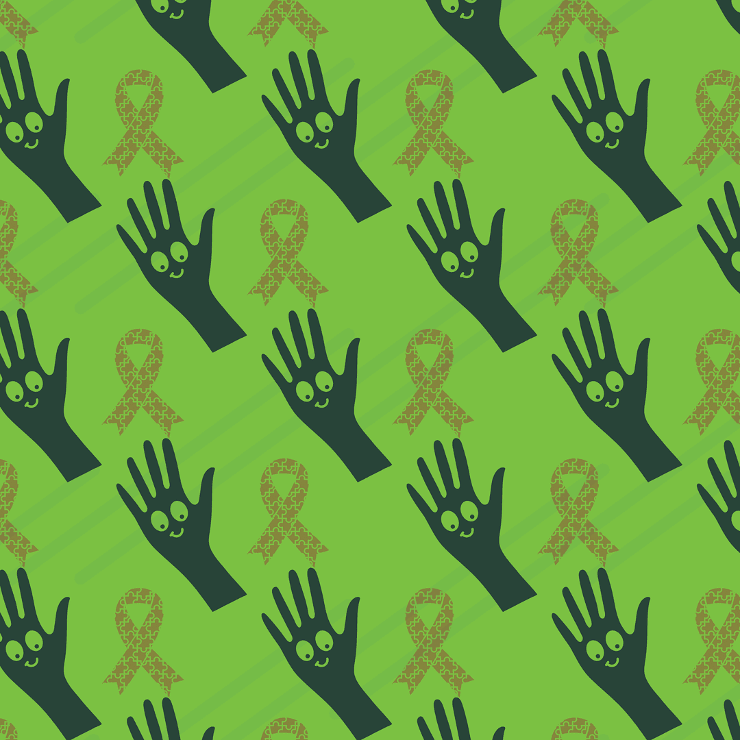 Transparent Pattern of Puzzle Ribbons and Smiley Hands on Green