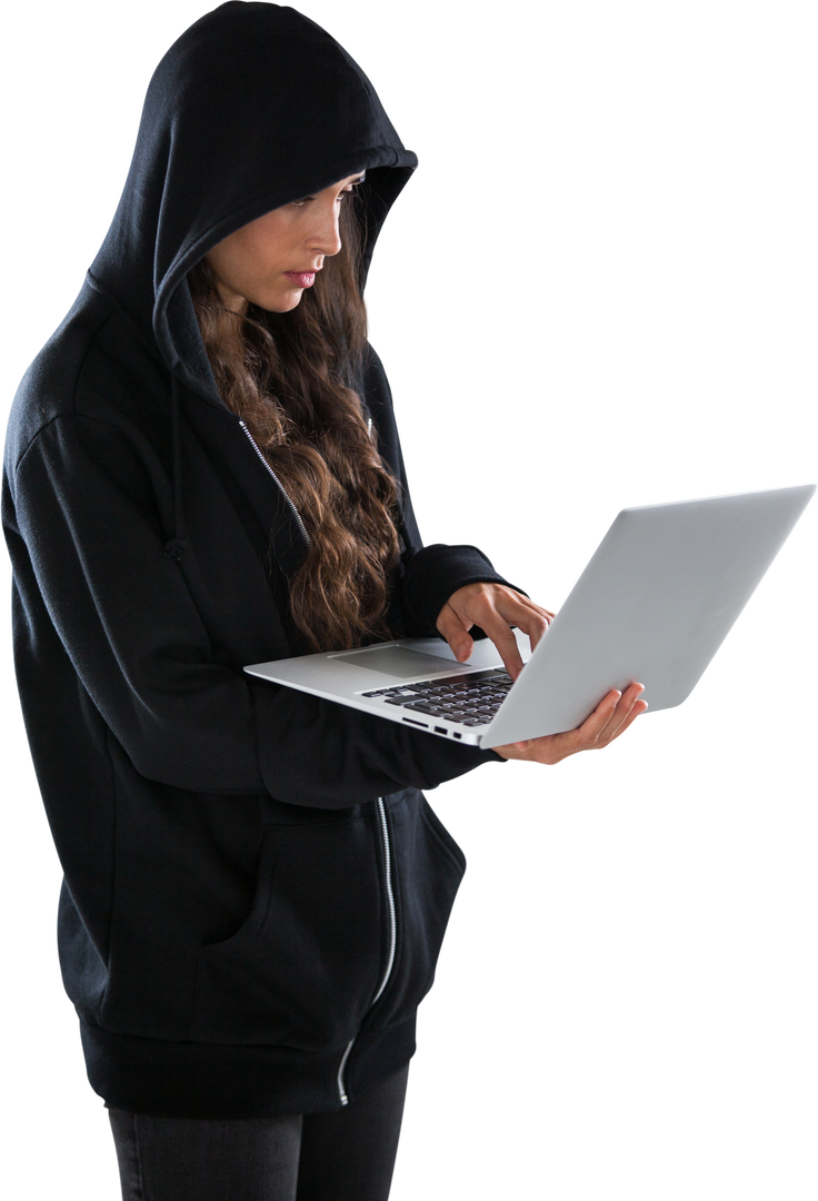 Serious Female Hacker in Hood Stylishly Operating Laptop Against Transparent Background - Download Free Stock Images Pikwizard.com