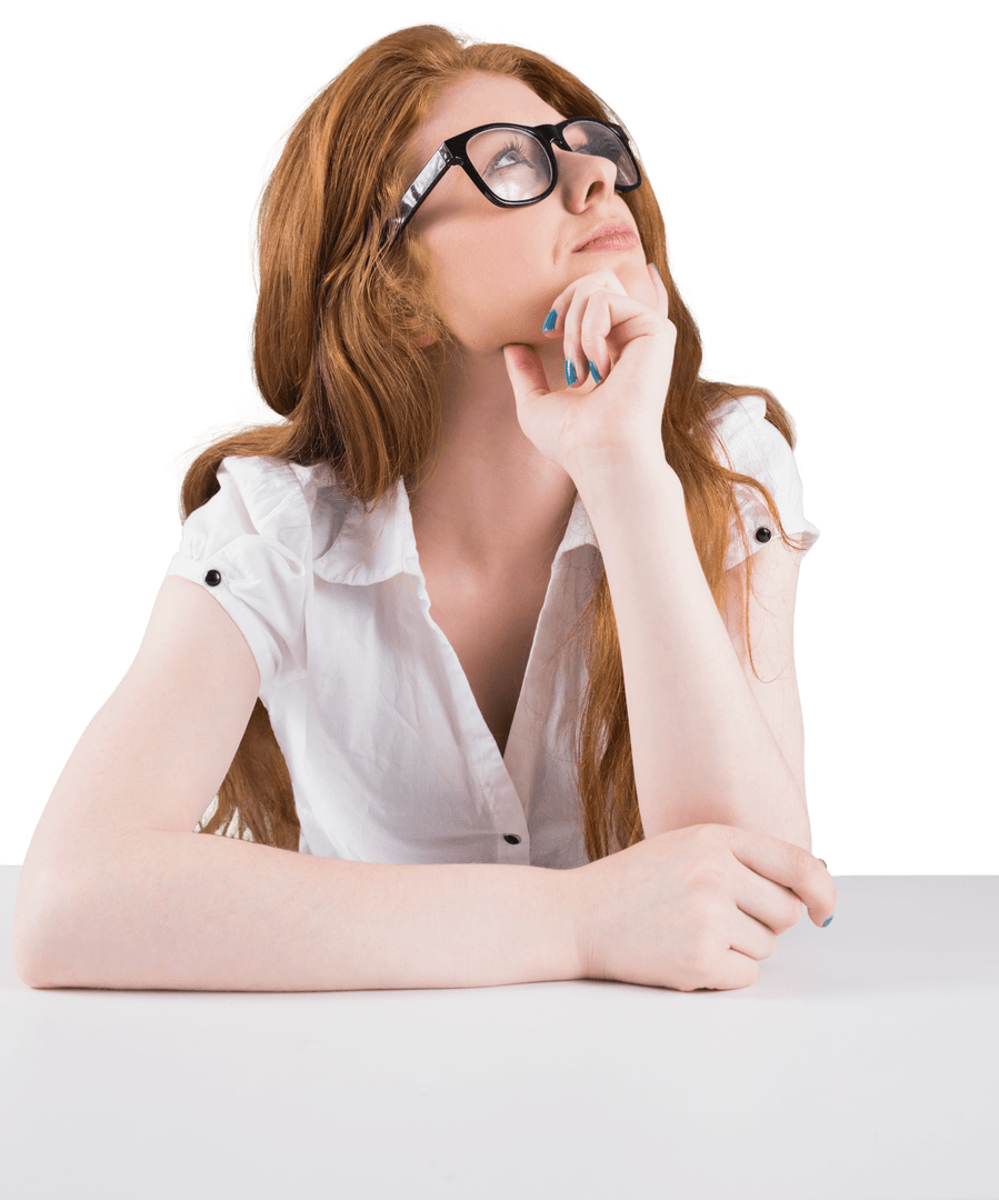 Pensive Redhead Woman Wearing Glasses Looking Up Over Table Transparent