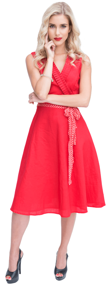 Transparent Image of Thoughtful Blonde Woman in Elegant Red Dress