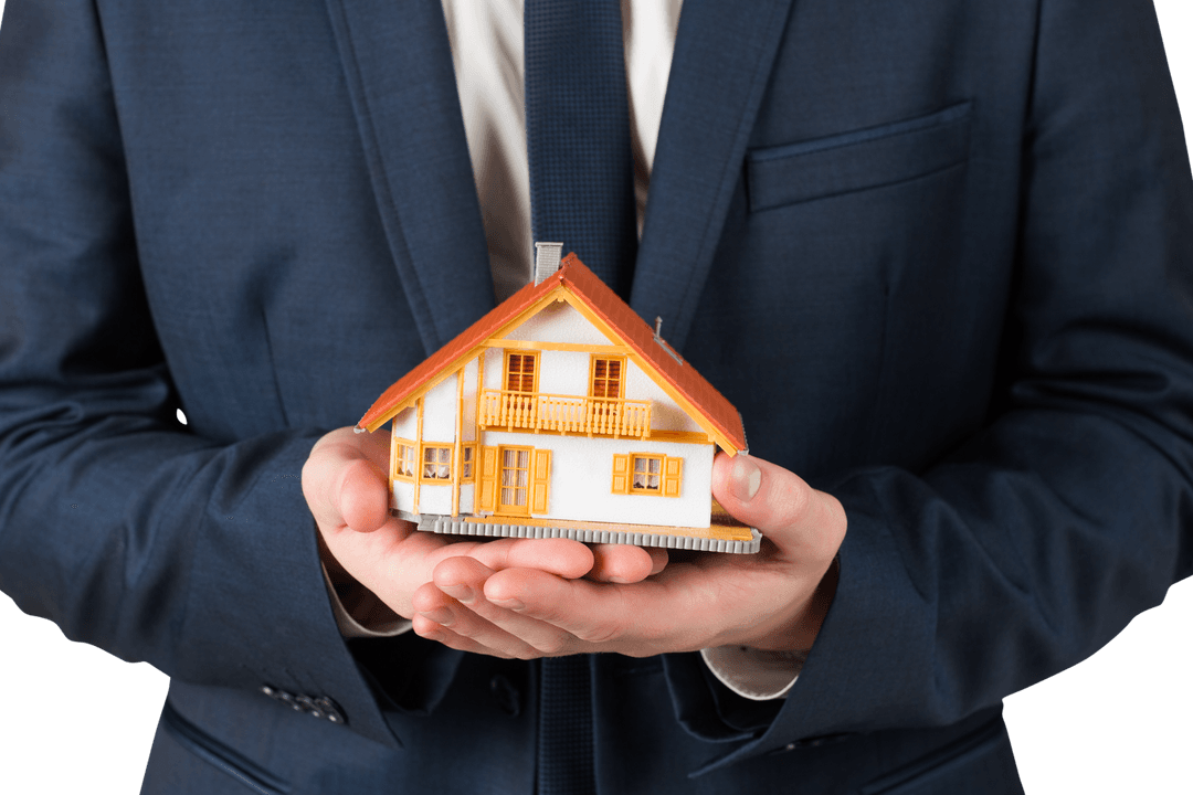 Businessman in Suit Holding Transparent Miniature House Model
