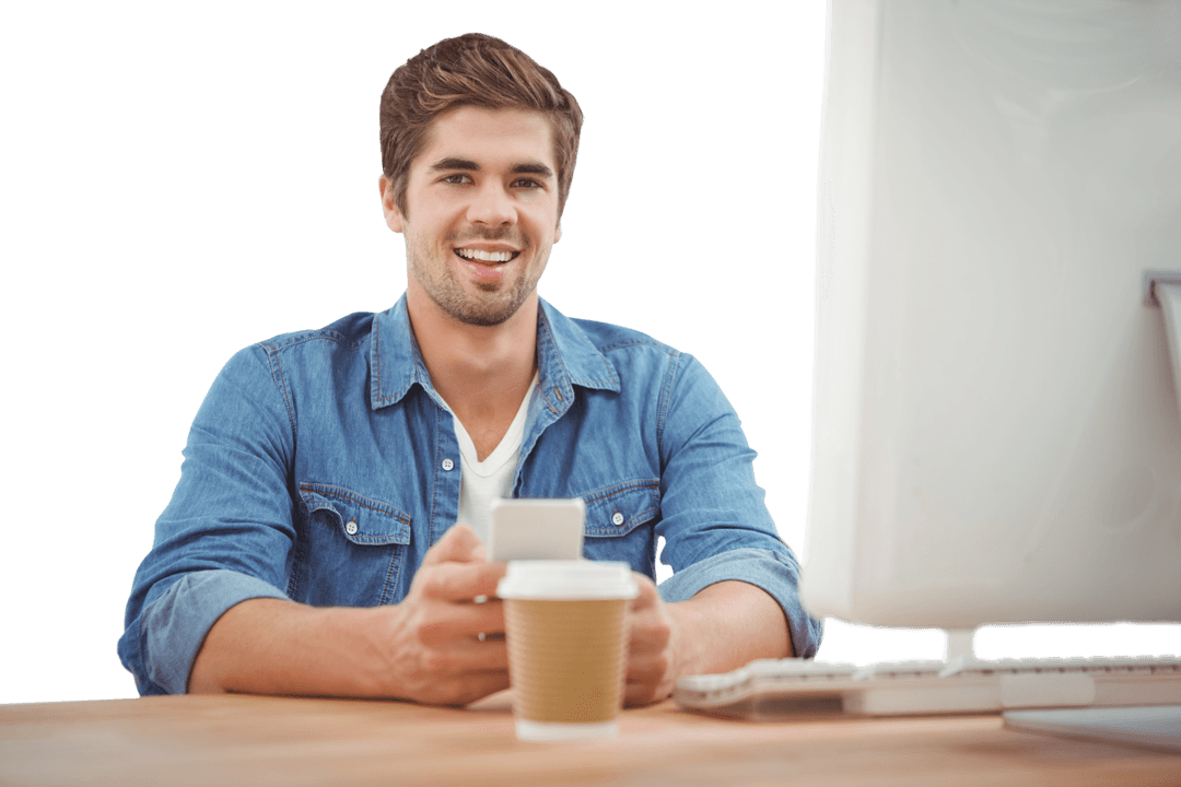 Transparent Businessman Holding Phone at Office Desk Relaxed