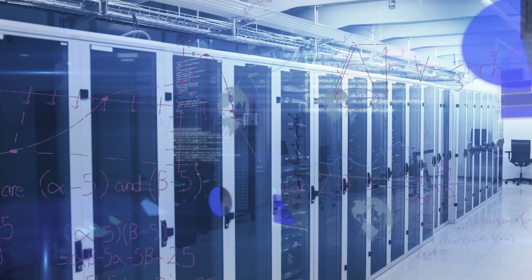 Mathematical Equations Overlaying Modern Data Center with Server Racks