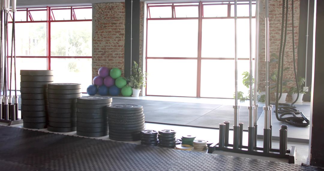 Stacking Bumper Plates and Barbells in Sunlit Industrial Gym with Large Windows