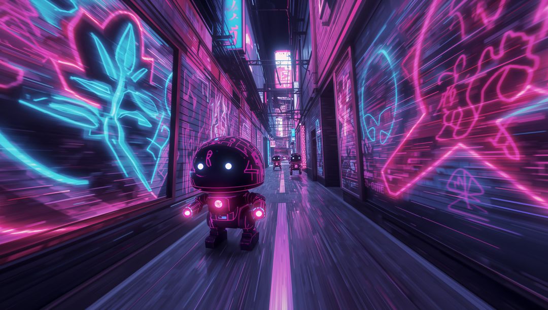 Futuristic Robot Amid Neon Glow in Cyberpunk Alley